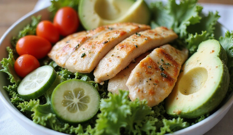 A vibrant salad with fresh vegetables and grilled chicken, representing healthy eating.