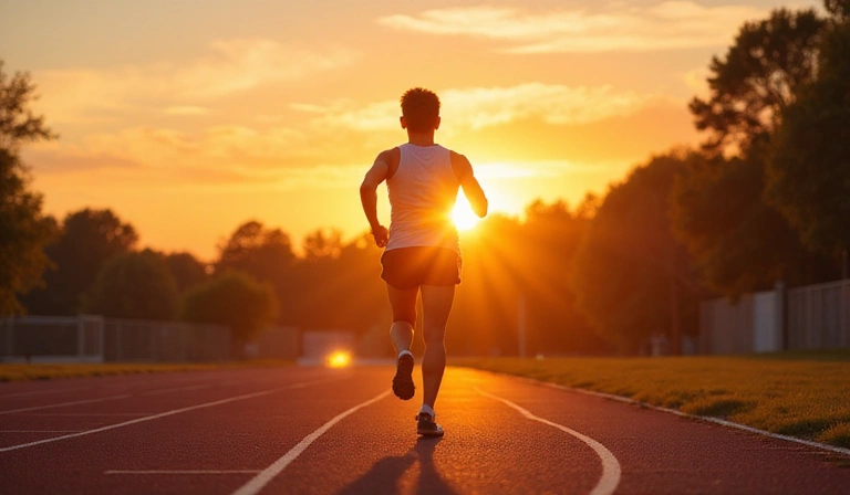 A person running on a track with a sunset in the background, symbolizing sports nutrition.