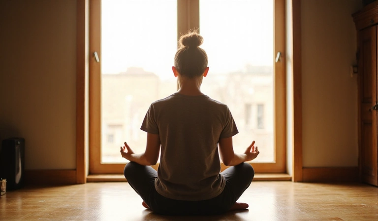 A person meditating peacefully by a window, representing mindful eating.